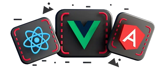 3D illustration: React, Vue and Angular logos on dark tiles, frontend technologies