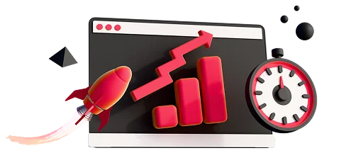 3D illustration: a browser window with a rocket, a rising chart and a speedometer, fast page loading