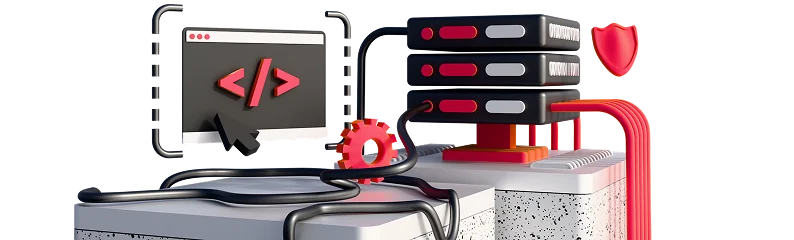 3D illustration: a code window connected to a server with a shield, seamless system integration