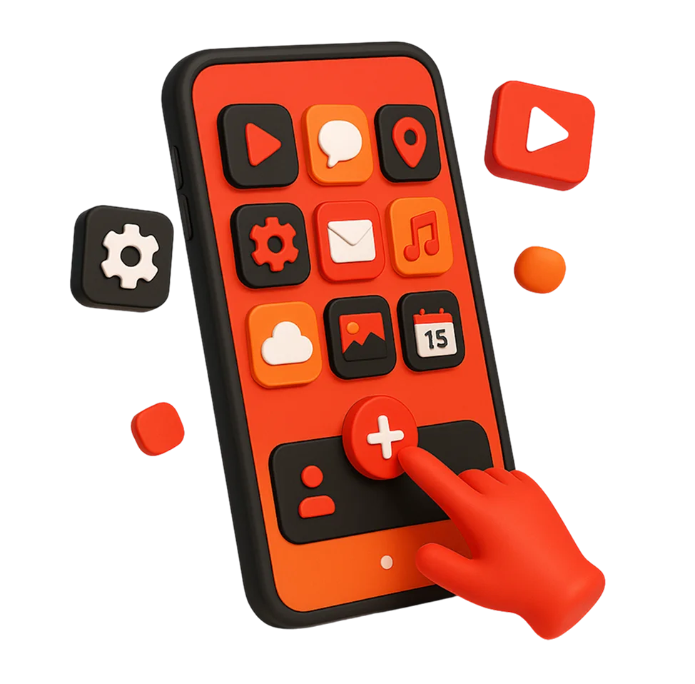 3D illustration: a hand tapping a red smartphone with app icons, why your business needs a mobile app