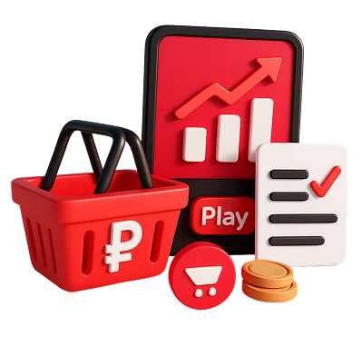 3D illustration: a shopping basket, a price tag and sales chart, solutions for FMCG companies