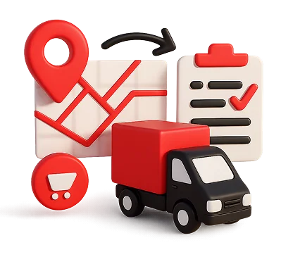 3D illustration: a delivery truck, a route map and a checklist, transport and logistics software