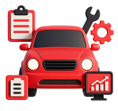 3D illustration: a red car with a wrench, checklist and chart, automotive industry software
