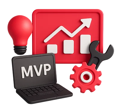 3D illustration: a laptop with MVP on screen, a light bulb and gears, MVP development for startups