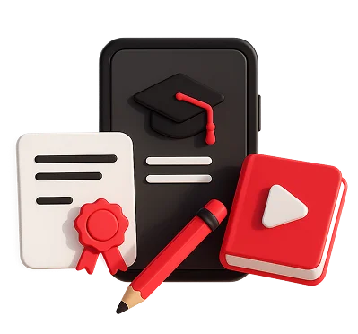 3D illustration: a smartphone with a graduation cap, a certificate and a video icon, SaaS platforms and e-learning