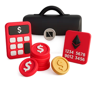 3D illustration: a calculator, coins, a bank card and a briefcase, financial sector software