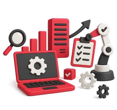 3D illustration: a laptop with a gear, a robotic arm and a checklist, enterprise systems and automation