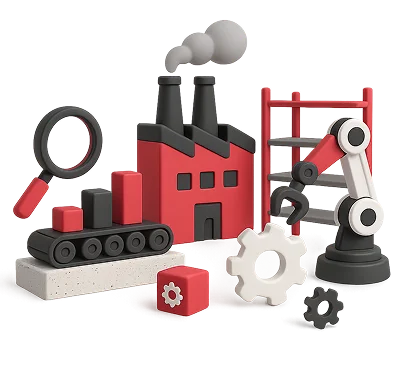 3D illustration: a factory with a conveyor belt and a robotic arm, digitalisation of manufacturing