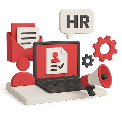 3D illustration: a laptop with a candidate profile, HR speech bubble and a megaphone, HR and recruitment platforms