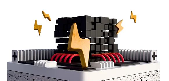 3D illustration: a cracked black cube with lightning bolts on a platform, equipment repair and service