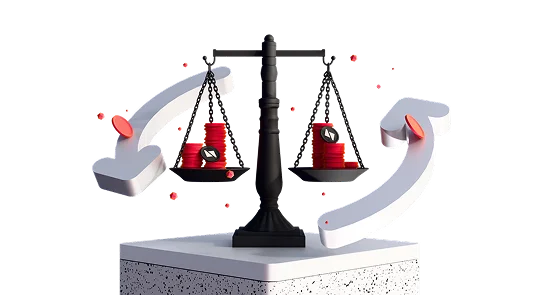3D illustration: balanced scales with coins and arrows, fair distribution of rewards