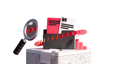 3D illustration: a magnifying glass over a document with user icons, roles and permissions system