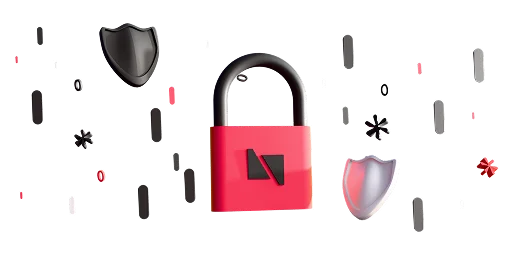 3D illustration: a red padlock with shields and warning signs, notifications and event logs