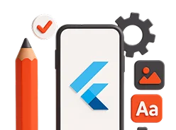 3D illustration: a smartphone with the Flutter logo, a pencil and design icons, fintech startup
