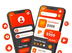 3D illustration: mobile app screens with login, product price and ratings, a financial institution