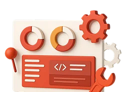 3D illustration: a dashboard with charts, code and a wrench, a product team