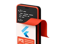 3D illustration: a smartphone with code and the Flutter logo, a company building a fintech app