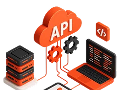 3D illustration: an API cloud connected to servers and a laptop with code, API and service integration