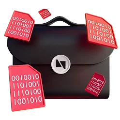 3D illustration: a black briefcase with a Nomium logo surrounded by binary code tags, blockchain and wallet integration