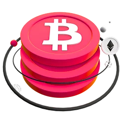 3D illustration: a stack of red bitcoin coins with an Ethereum symbol, cross-chain DEX development