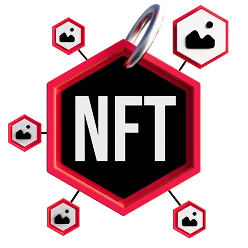 3D illustration: an NFT hexagon connected to user icons, DeFi staking and yield farming