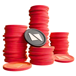 3D illustration: stacks of red coins with a Nomium logo, DEX aggregator development