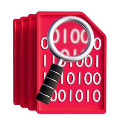 3D illustration: red cards with binary code and a magnifying glass, distributed ledgers and network design