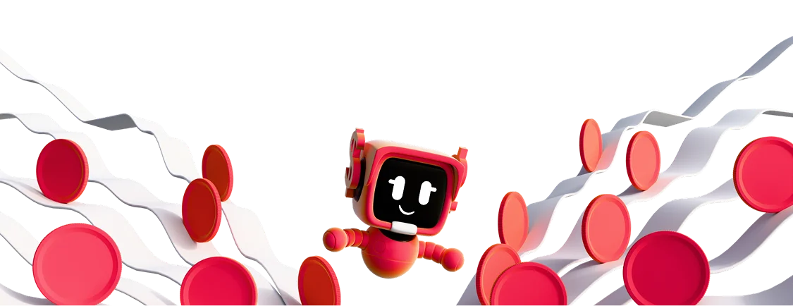 3D illustration: a small red robot among red coins and abstract shapes, PumpFun trading bot