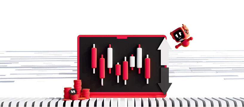 3D illustration: a laptop with a candlestick chart and a small robot, trading systems
