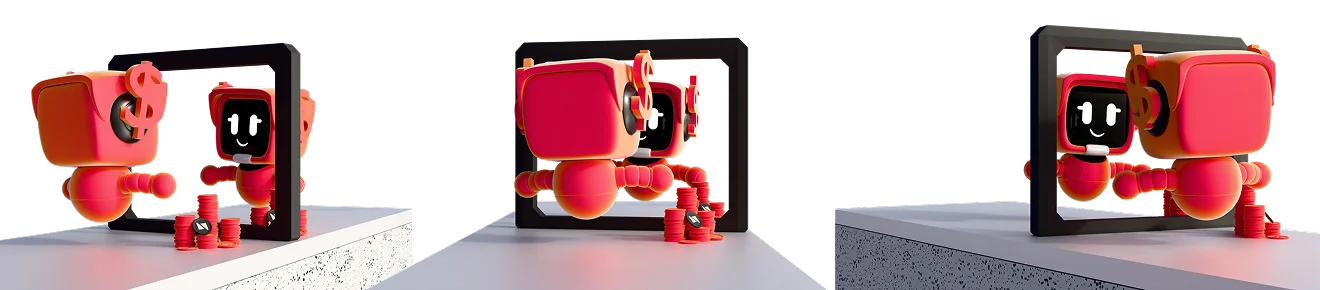 3D illustration: three small red robots on a grey surface, copy trading bots