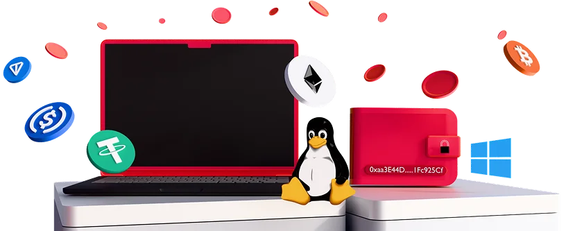 3D illustration: a laptop with a crypto wallet, Linux penguin and Windows logo surrounded by coins, white-label wallets