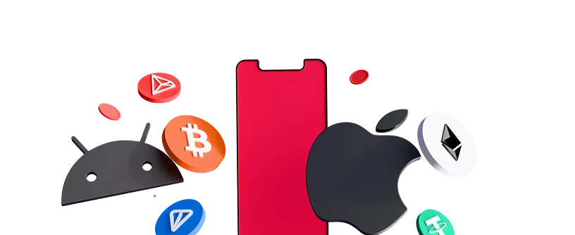 3D illustration: a smartphone with Android and Apple logos surrounded by crypto coins, mobile wallets