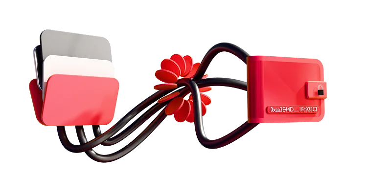 3D illustration: a wallet connected by cables to a browser window, web wallets
