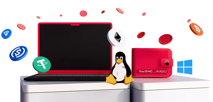 3D illustration: a laptop with a crypto wallet, Linux penguin and Windows logo, desktop clients for Windows, macOS and Linux