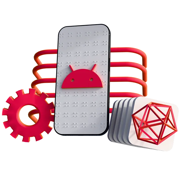 3D illustration: a smartphone with the Android robot, gears and a wireframe shape, Android app development