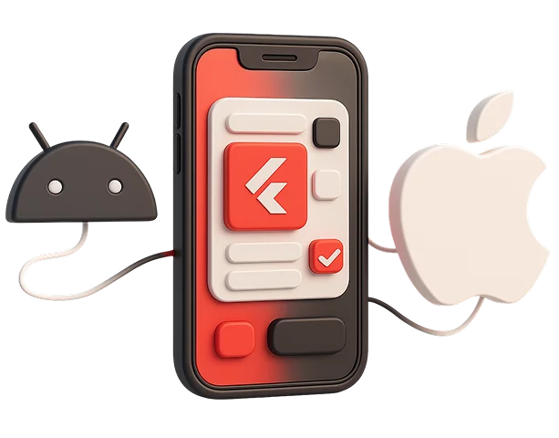 3D illustration: a smartphone with the Flutter logo between Android and Apple icons, cross-platform development