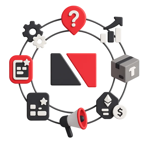 Illustration: Nomium logo surrounded by industry icons, custom software for your industry