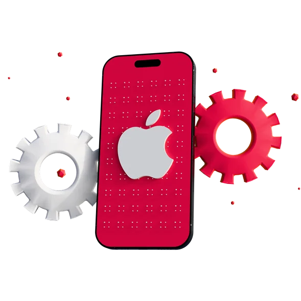 3D illustration: a red smartphone with the Apple logo between gears, iOS app development