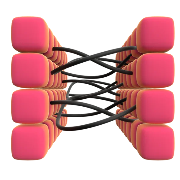 3D illustration: two groups of red blocks connected by black cables, mining pool infrastructure