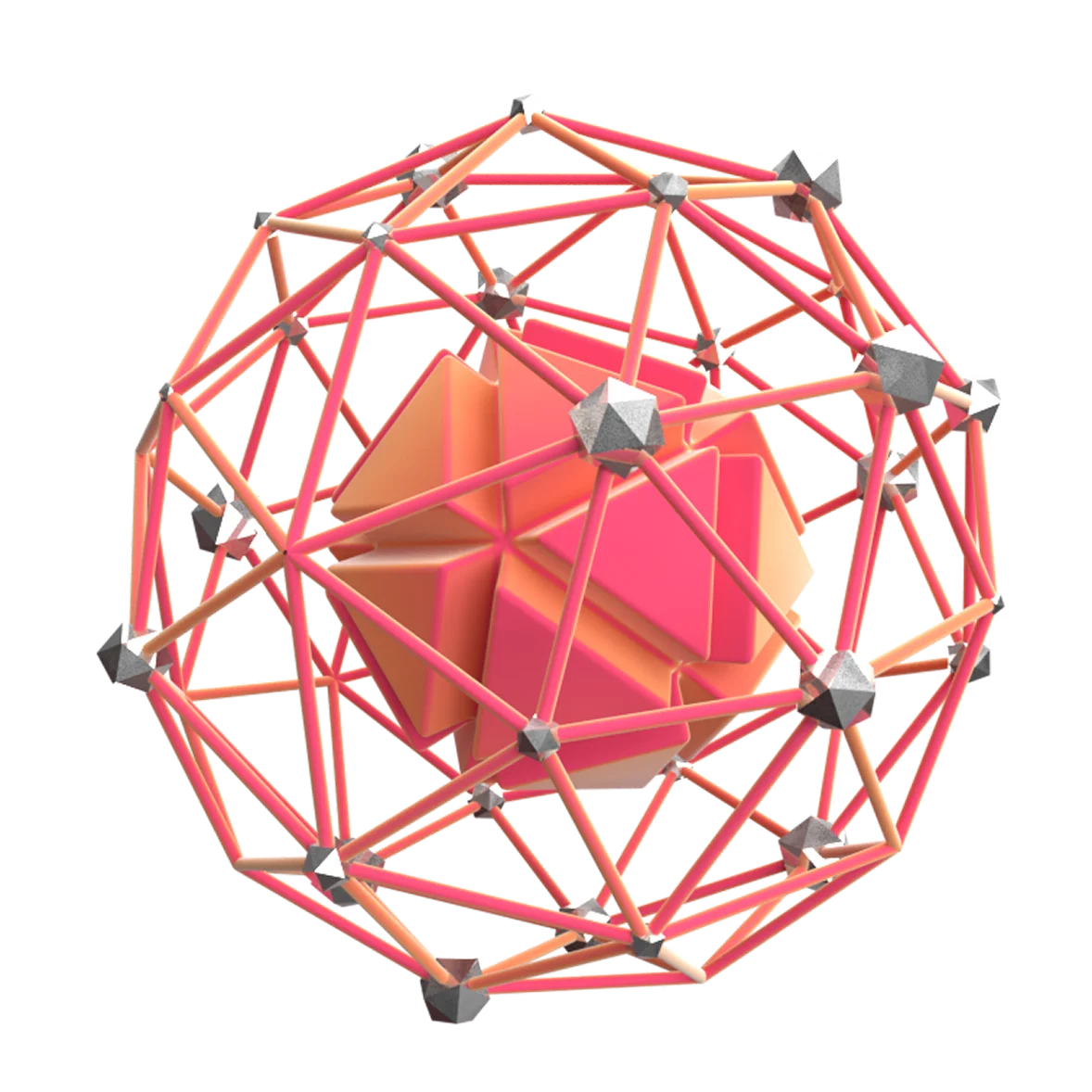 3D illustration: a red wireframe sphere of connected nodes around a crystal, blockchain development