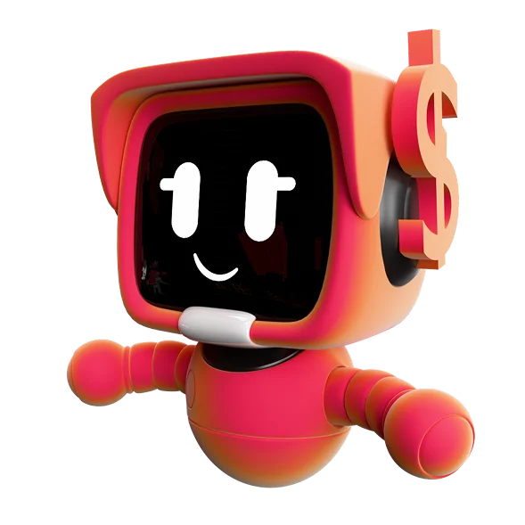 3D illustration: a red robot with a smiling face and a dollar sign, trading bots