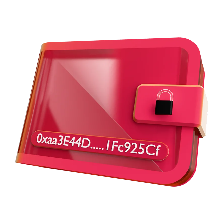 3D illustration: a red crypto wallet with a padlock and a wallet address, cryptocurrency wallet development