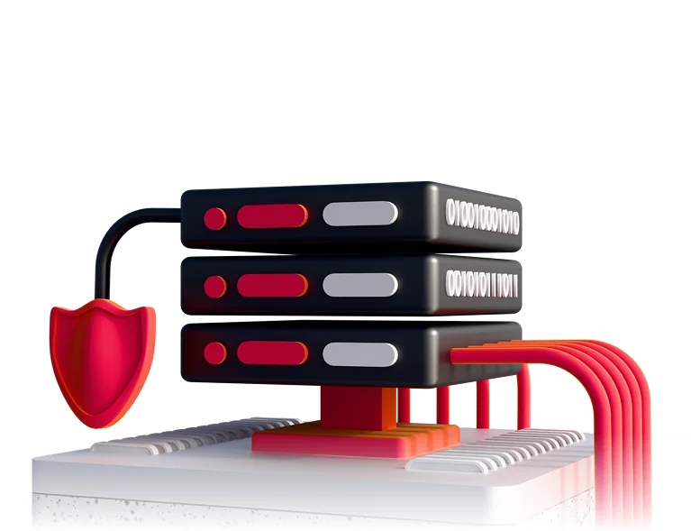 3D illustration: a server rack with a shield and red cables, backend development