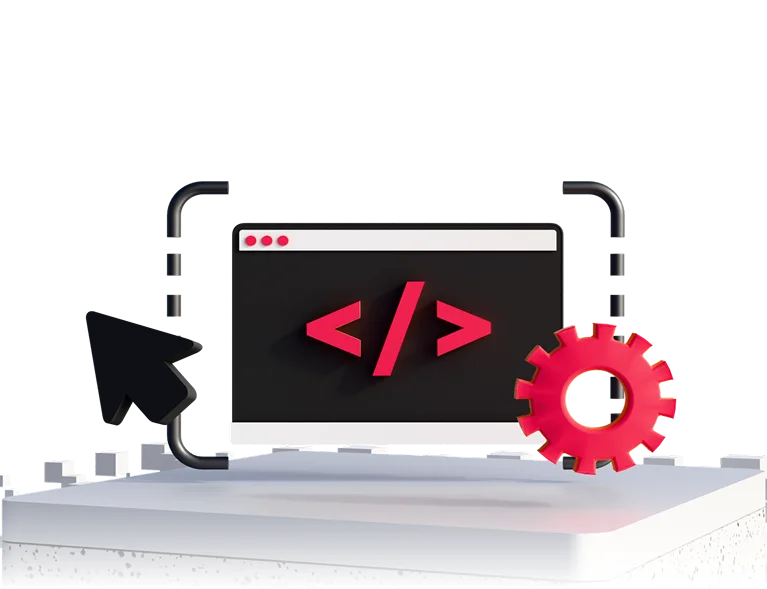 3D illustration: a browser window with a code tag, a cursor and a gear, frontend development