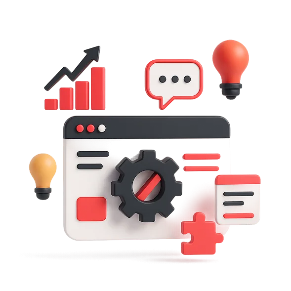 3D illustration: a browser window with a chart, a gear, a puzzle piece and a light bulb, web development