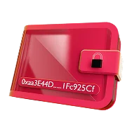 3D icon: a red crypto wallet with a padlock, all cryptocurrencies