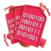3D icon: red tags with binary code, DeFi