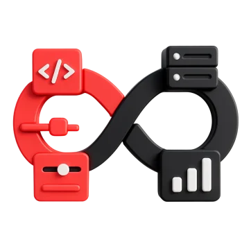 3D illustration: a red and black infinity loop with code and chart icons, faster releases