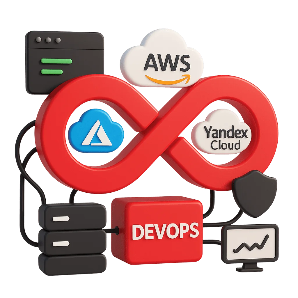 3D illustration: a DevOps infinity loop with AWS, Azure and Yandex Cloud logos, full-cycle DevOps