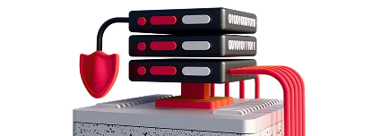 3D illustration: a server rack with a shield and red cables, reliable backend